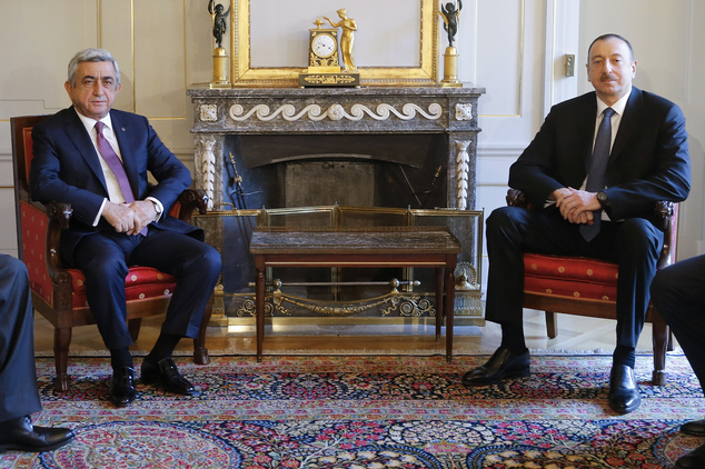 Ilham Aliyev president of Azerbaijan right and Serzh Sargsyan president of Armenia left meet for talks about the Nagorno Karabakh conflict in Bern Sw