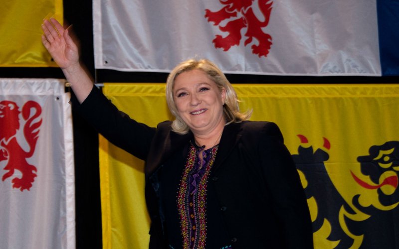 France&#39 far-right Front National leader Marine Le Pen FN waves after the announcement of the second round of the regional election in the Nord Picardie region