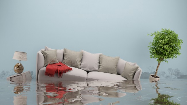 Water damager after flooding in house with furniture floating