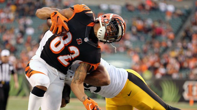 CINCINNATI OH- DECEMBER 13 Marvin Jones #82 of the Cincinnati Bengals is knocked out of bounds by Jarvis Jones #95 of the Pittsburgh Steelers during the fourth quarter at Paul Brown Stadium