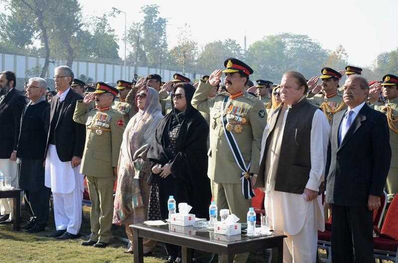 Pakistani Prime Minister Nawaz Sharif Pakistan Army Chief Gen Raheel Sharif and government officials attend the first anniversary of the Peshawar school attack in Peshawar Pakistan 16 December 2015