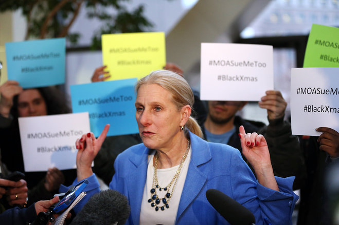 Mall of America attorney Susan Gaertner speaks to the media surrounded by Black Lives Matter members after a hearing at the Hennepin County Government Center in Minneapolis. A judge ruled Tuesday that several local Black Lives