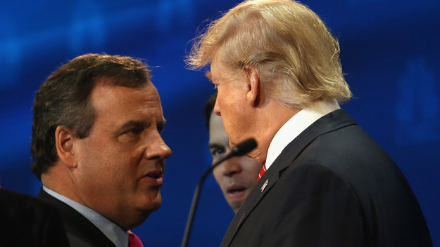 Donald Trump speaks with New Jersey Gov. Chris Christie during a break at the the CNBC Republican Presidential Debate in Boulder Colo. on Aug. 28 2015