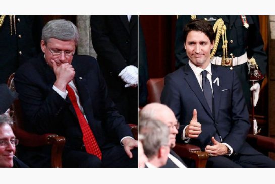 Stephen Harper during the Throne Speech in Oct. 2013 and Justin Trudeau during the Throne Speech in Dec. 2015