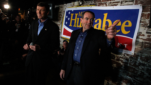 Bob Vander Plaats and Mike Huckabee appear on Dec. 29 2007 in Indianola Iowa