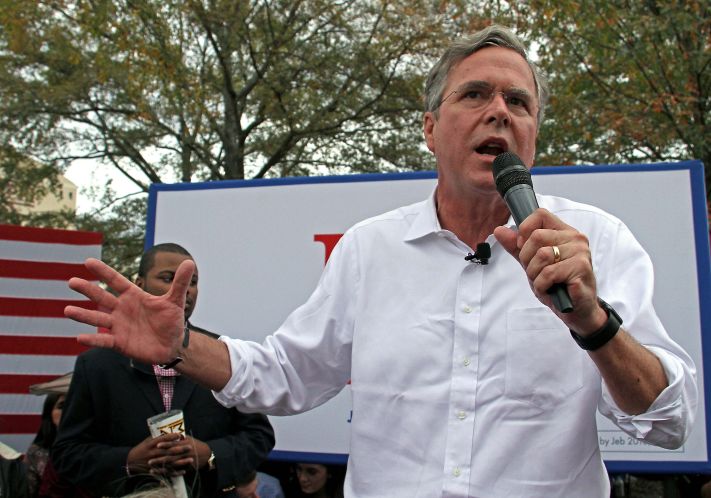 Republican presidential candidate former Florida Gov. Jeb Bush speaks to students and supporters during a tailgate campaign stop Saturday on the campus of Mississippi State in Starkville Miss. before the college football game between in state rivals Mi