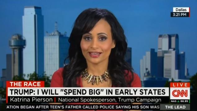 Donald Trump’s spokeswoman Katrina Pierson appeared on CNN Tuesday night wearing a necklace made of linked bullet cartridges