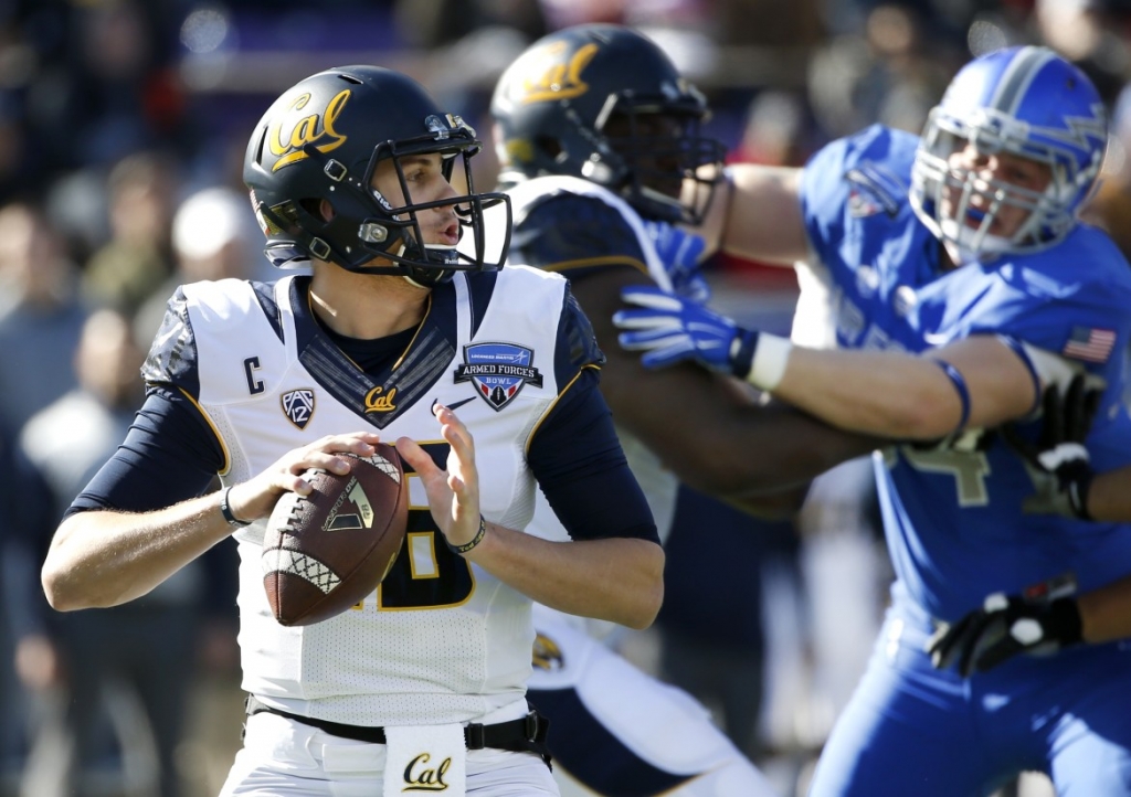 California quarterback Jared Goff looks for an open receiver against Air Force during the first half of the Armed Forces Bowl in Fort Worth on Tuesday