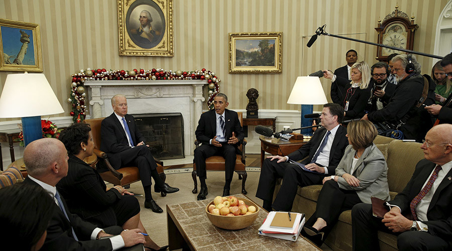 U.S. President Barack Obama speaks about the shootings in San Bernardino California during a meeting with his national security team in the Oval Office of the White House in Washingt