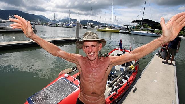 53 year old Englishman John Beeden arrives at Cairns Marina after being at sea for over 2