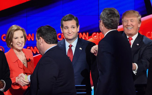 Candidates interact on stage at the end of the Republican Presidential Debate hosted by CNN at the Venetian Las Vegas