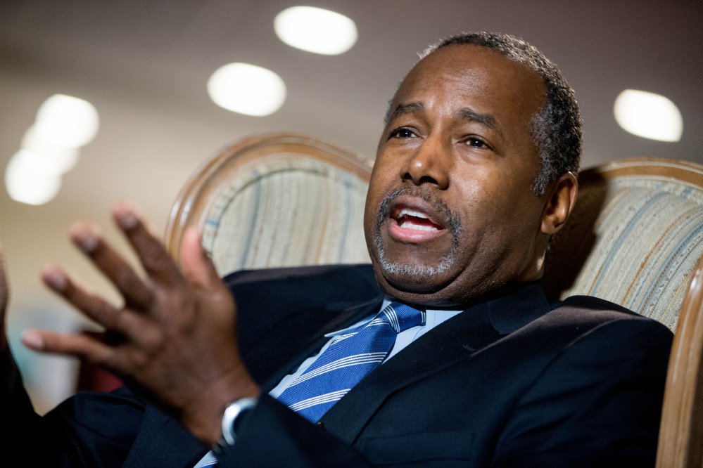 Republican presidential candidate Ben Carson speaks Wednesday in an interview with The Associated Press in his home in Upperco Md. He said “Everything is on the table,” as he looks to shake up his struggling campaign