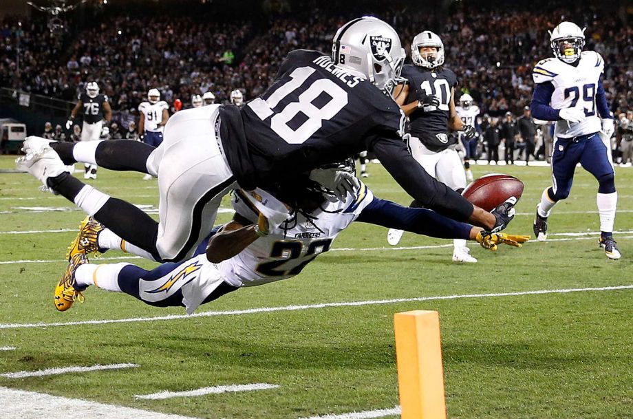 Chargers cornerback Jason Verrett breaks up a pass intended for Raiders wide receiver Andre Holmes on Thursday night