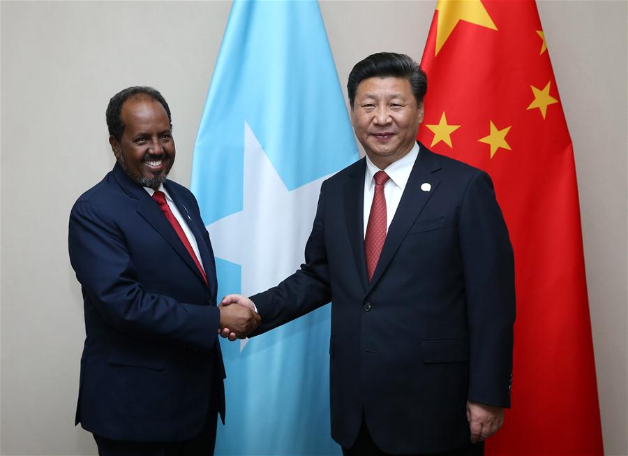 Chinese President Xi Jinping meets with Somali President Hassan Sheikh Mohamoud in Johannesburg South Africa Dec. 4 2015