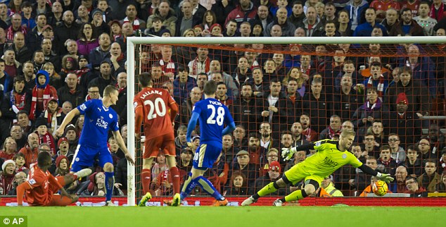 Christian Benteke's shot despairingly beat the grasp of Leicester goalkeeper Kasper Schmeichel