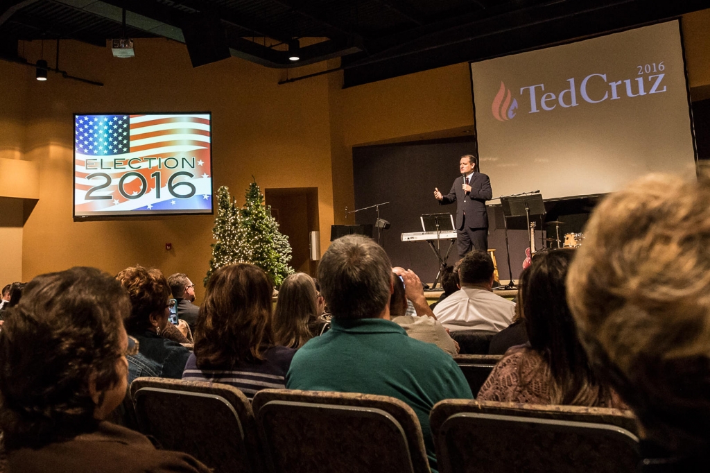 Texas Senator Ted Cruz speaks to the congregation at the Christian Life Assembly of God Church in Des Moines while campaigning for the Republican presidential nomination in November 2015