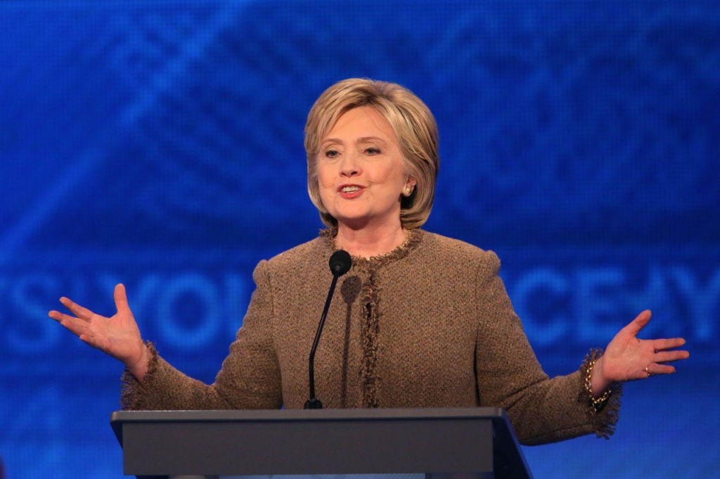 Democratic president candidate Hillary Clinton speaks at the debate at Saint Anselm College in Manchester New Hampshire Saturday night