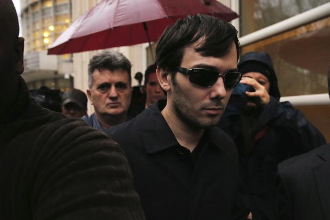 Martin Shkreli chief executive officer of Turing Pharmaceuticals and Kalo Bios Pharmaceuticals Inc departs U.S. Federal Court after an arraignment following his being charged in a federal indictment filed in Brooklyn relating to his management of hedge