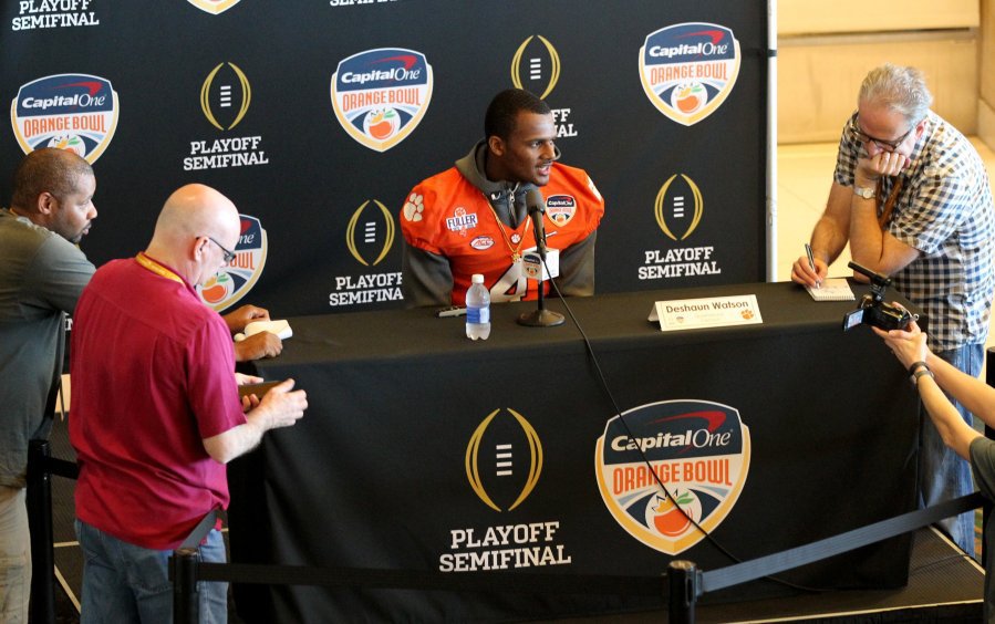 Credit Sefton Ipock           Clemson quarterback Deshaun Watson answers questions at media day for the Capital One Orange Bowl at Sun Life Stadium on Tuesday