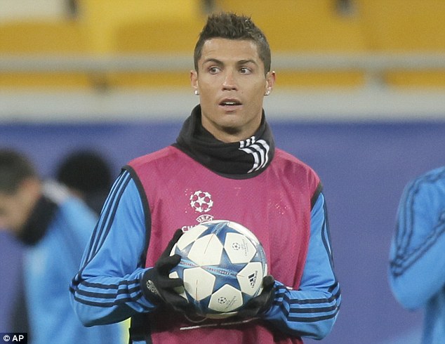 Cristiano Ronaldo wraps up warm as he trains with his Real Madrid team-mates in a chilly western Ukraine