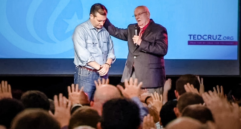 Pastor Gaylon Wiley 'lays hands&#039 on Ted Cruz at a campaign event in Nashville Tennessee