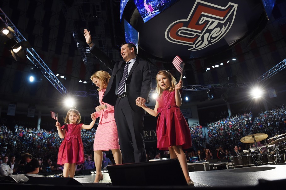 LYNCHBURG VA- MARCH 23 Senator Ted Cruz stands on stage his his daughter Catherine Cruz 4 left his wife Heidi Cruz and his older sister Caroline Cruz 6 right after he made a speech announcing his candidacy for a presidential bid