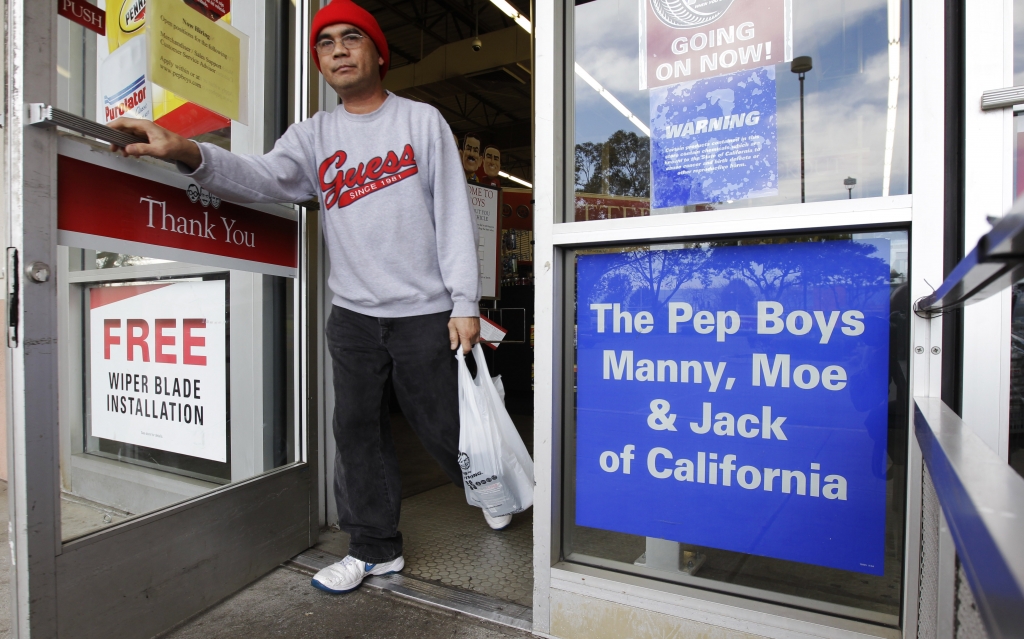 Customer leaves a Pep Boys- Manny Moe & Jack auto parts store in Hayward Calif