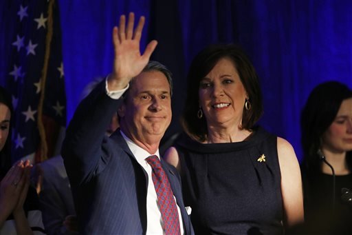 Louisiana gubernatorial candidate Sen. David Vitter R-La. and his wife Wendy reacts to the crowd during his election night watch party in Kenner La. Saturday Nov. 21 2015. Democrat John Bel Edwards won the runoff election for Louisiana governor Satu