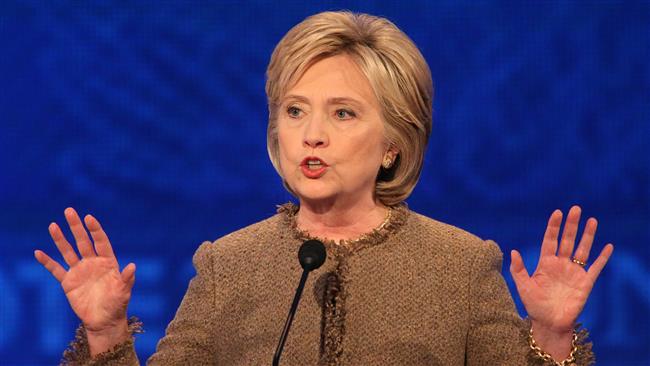 Democratic president candidate Hillary Clinton speaks at the debate at Saint Anselm College in Manchester New Hampshire