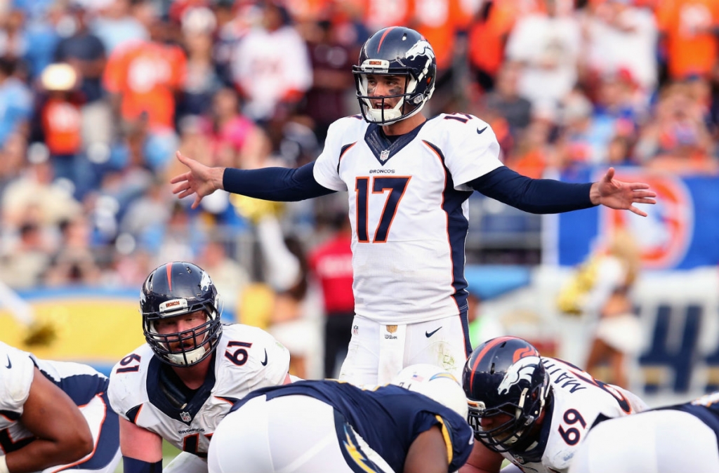 Denver Broncos quarterback Brock Osweiller call signals against the San Diego Chargers