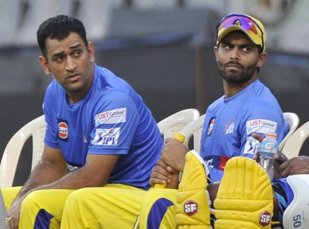 MS Dhoni and Ravindra Jadeja during a practice session at Wankhede Stadium in Mumbai in this