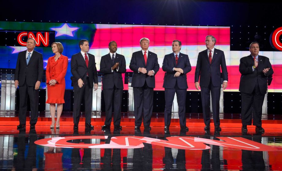 Republican presidential candidates from left John Kasich Carly Fiorina Marco Rubio Ben Carson Donald Trump Ted Cruz Jeb Bush Chris Christie and Rand Paul take the stage during the CNN Republican presidential debate at the Venetian Hotel & Casino