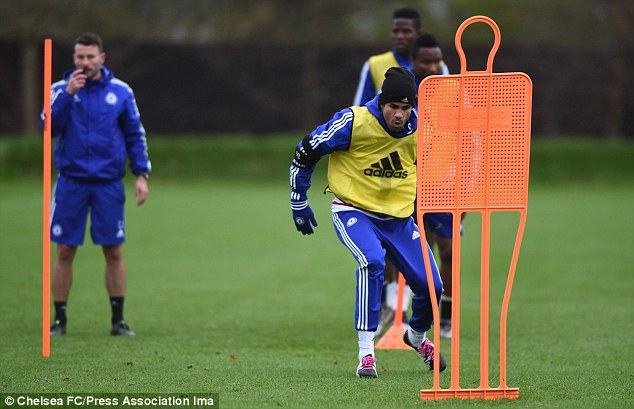 Diego Costa is put through his paces during Chelsea's training session on Tuesday afternoon