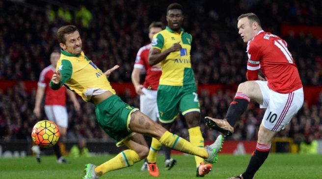 Manchester United's Wayne Rooney takes an unsuccessful shot at goal during the match against Norwich City at Old Trafford in Manchester