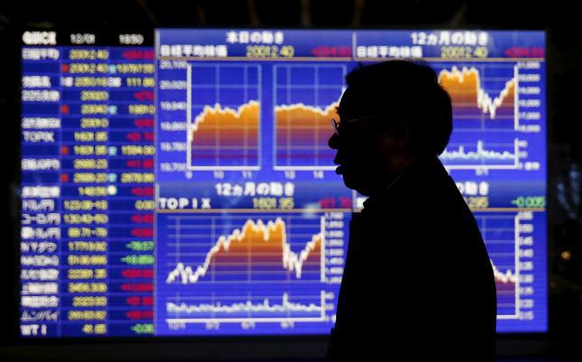 A man walks past an electronic board showing graphs of recent Japan's Nikkei share average outside a brokerage in Tokyo Japan