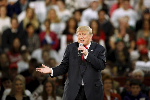 U.S. Republican presidential candidate Donald Trump speaks at a campaign rally at the Iowa State Fairgrounds in Des Moines Ia. Dec. 11 2015