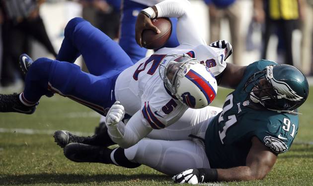 Buffalo Bills&#039 Tyrod Taylor is sacked by Philadelphia Eagles&#039 Fletcher Cox during the first half of an NFL football game Sunday Dec. 13 2015 in Philadelphia