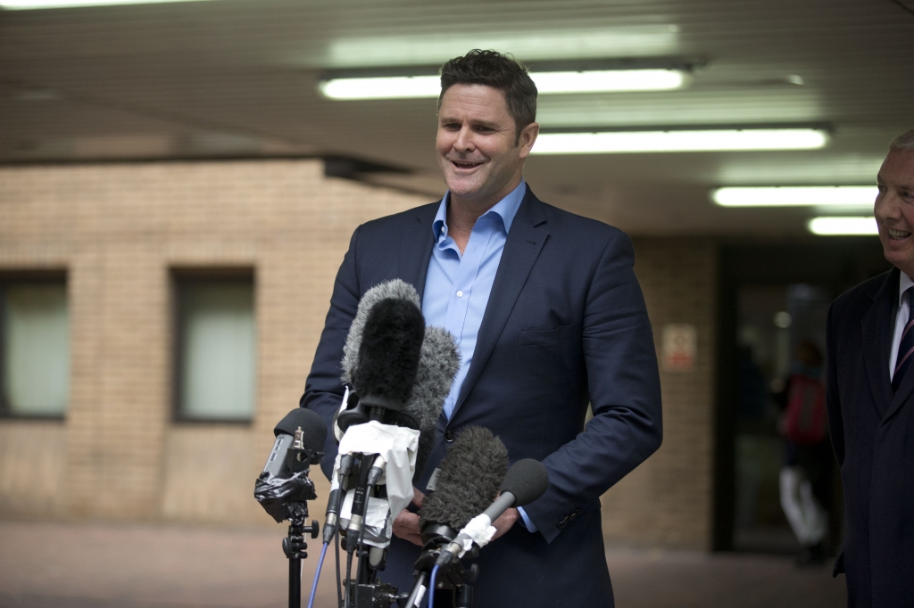 Former New Zealand cricket captain Chris Cairns speaks to the media after being found not-guilty in his perjury trial at Southwark Crown Court in London Monday Nov. 30 2015