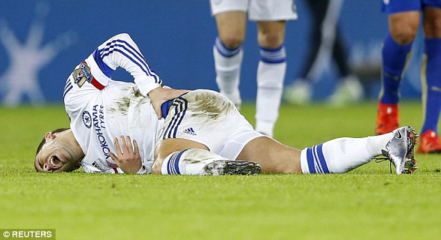 Eden Hazard was left writhing in agony on the floor after being caught late by Leicester's Jamie Vardy