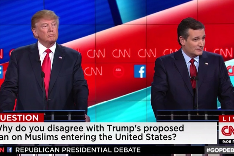 GOP presidential contenders Donald Trump and U.S. Sen. Ted Cruz at the CNN debate in Las Vegas Nevada on Dec. 15 2015