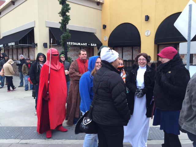 Fans line up outside Carmike theater at Jefferson Pointe for the premiere of Star Wars The Force Awakens on Thursday Dec. 17 2015