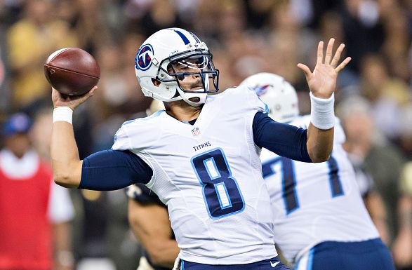 NEW ORLEANS LA- NOVEMBER 8 Marcus Mariota #8 of the Tennessee Titans throws a pass during a game against the New Orleans Saints at Mercedes Benz Superdome