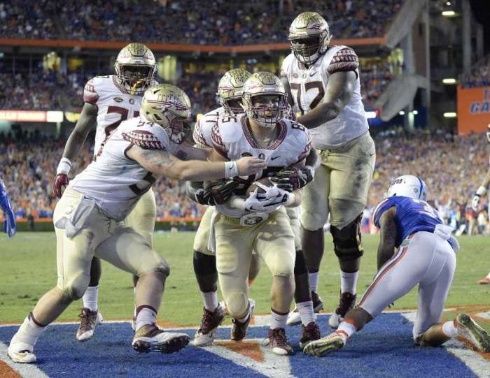 Phelan M. Ebenhack Associated Press Florida State tight end Jeremy Kerr celebrates with teammates after scoring a touchdown against Florida on a 1-yard pass play during the first half on Saturday night in Gainesville. AP