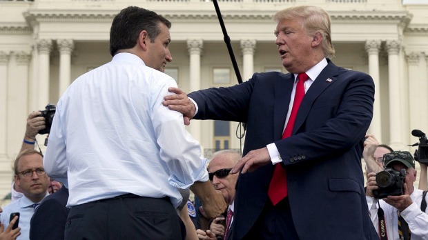 Republican presidential candidates Ted Cruz and Donald Trump greet each other during a rally in Washington in September. However Mr Trump has since said Mr Cruz is'a bit of a maniac