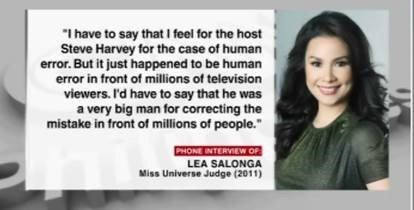 Former Miss Universe judge Lea Salonga feels sorry for host Steve Harvey but commends him for correcting his mistake in front of millions of people