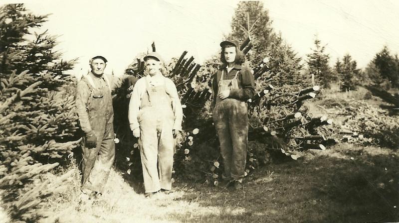 Frank and Coya Moyer on left cutting trees in Vermont