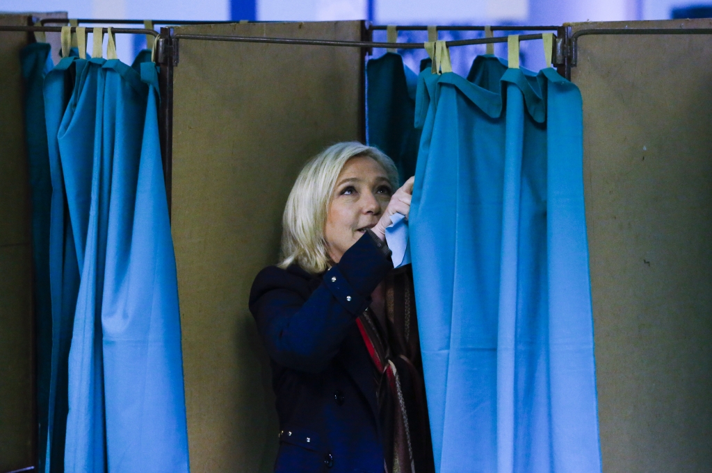 Marine Le Pen French National Front leader and candidate in the Nord-Pas-de-Calais-Picardie region delivers a speech after results in the second-round regional elections Dec. 13 2015