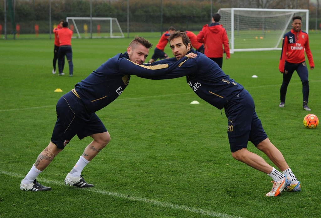 French connection Mathieu Debuchy and Mathieu Flamini in training this week