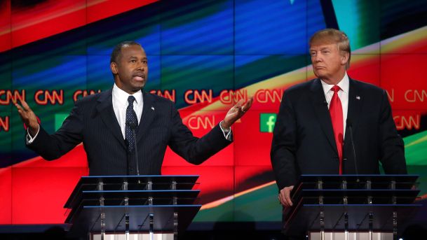 Republican presidential candidates Ben Carson and Donald Trump participate in the CNN presidential debate at The Venetian Las Vegas