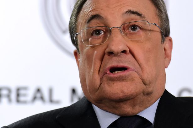 Florentino Perez president of Real Madrid Spanish football team speaks during a press conference